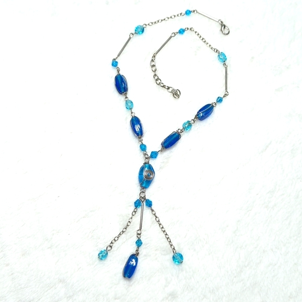 Vintage Blue Glass Beaded Necklace w/ Silvertone Accent Beads